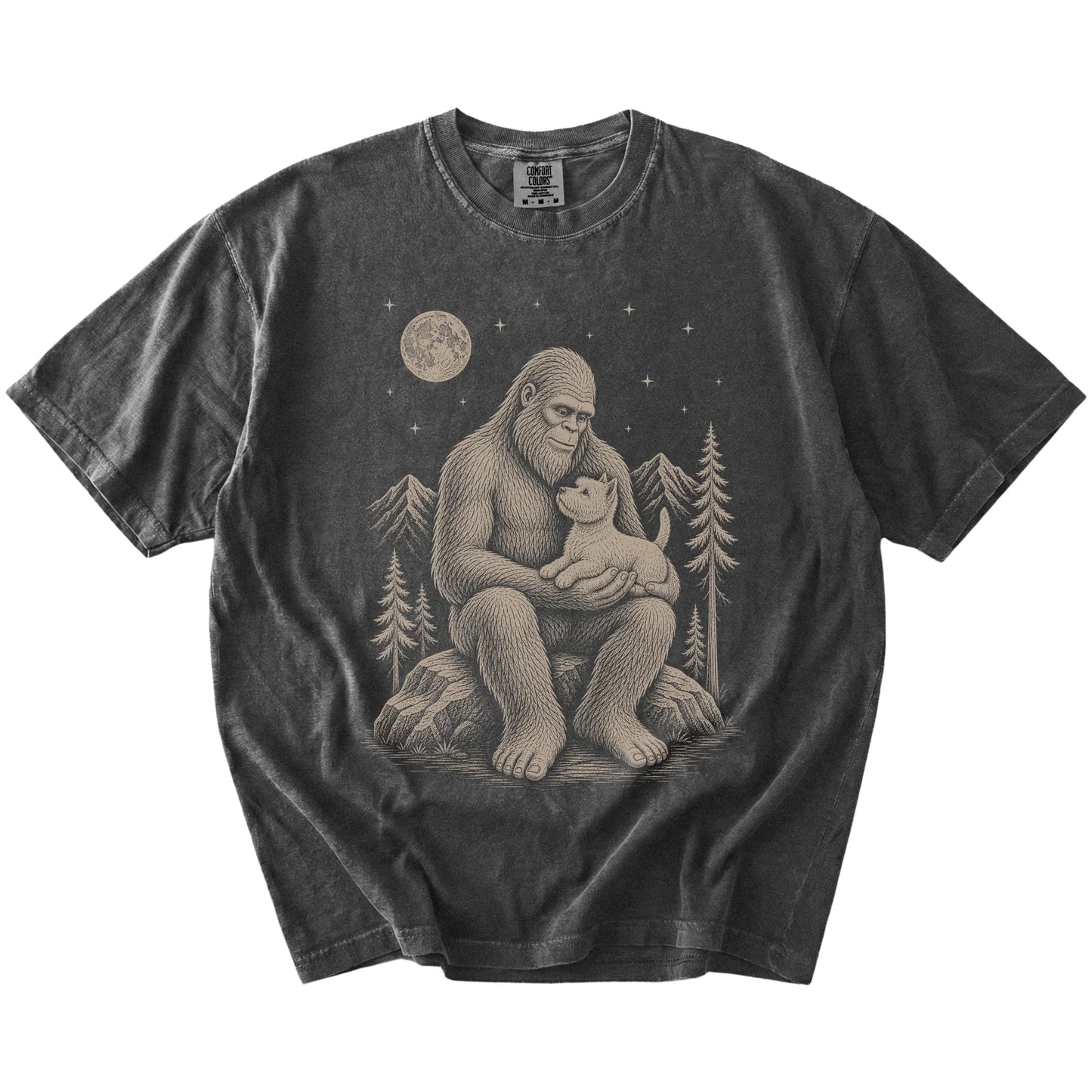 Bigfoot holding a Westie on a Pepper Comfort Colors® T-shirt