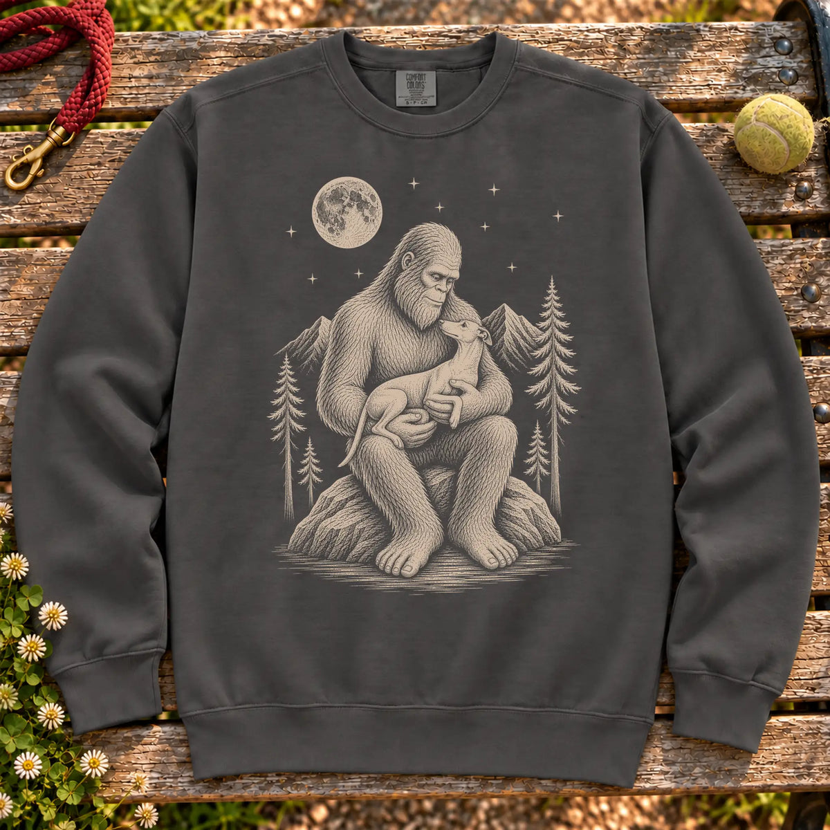 Whippet Bigfoot Holding on a Pepper crewneck sweatshirt, shown flat