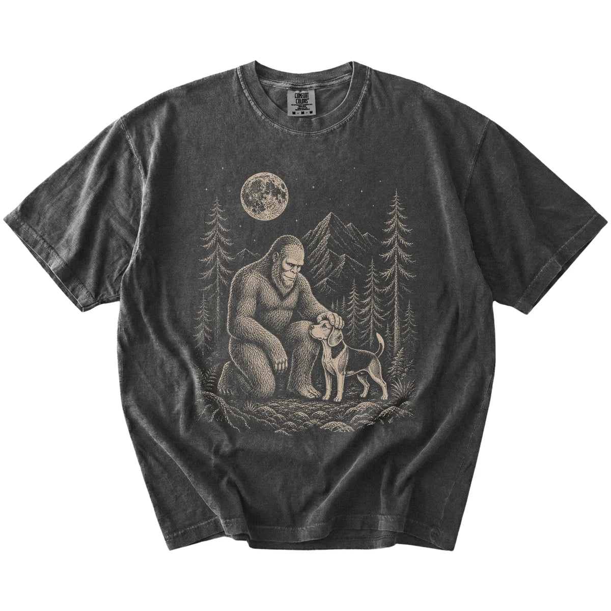 Bigfoot petting a Beagle beneath the moon in a pine forest on a Pepper Comfort Colors® T-shirt