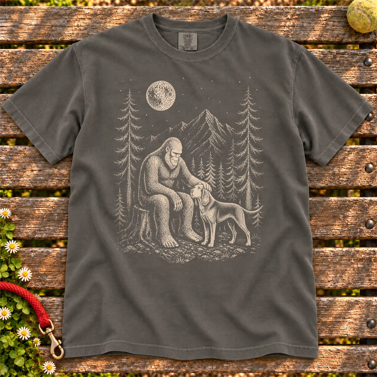 Bloodhound Bigfoot Petting on a Pepper T-shirt, shown flat