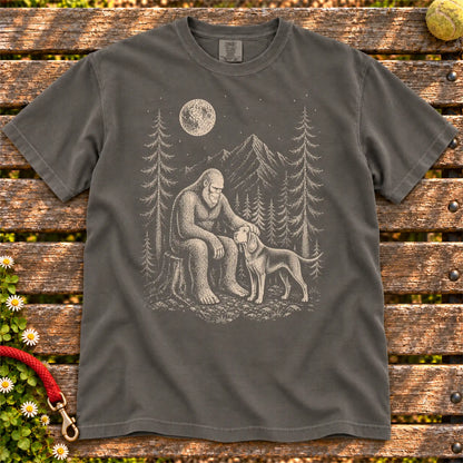 Bloodhound Bigfoot Petting on a Pepper T-shirt, shown flat