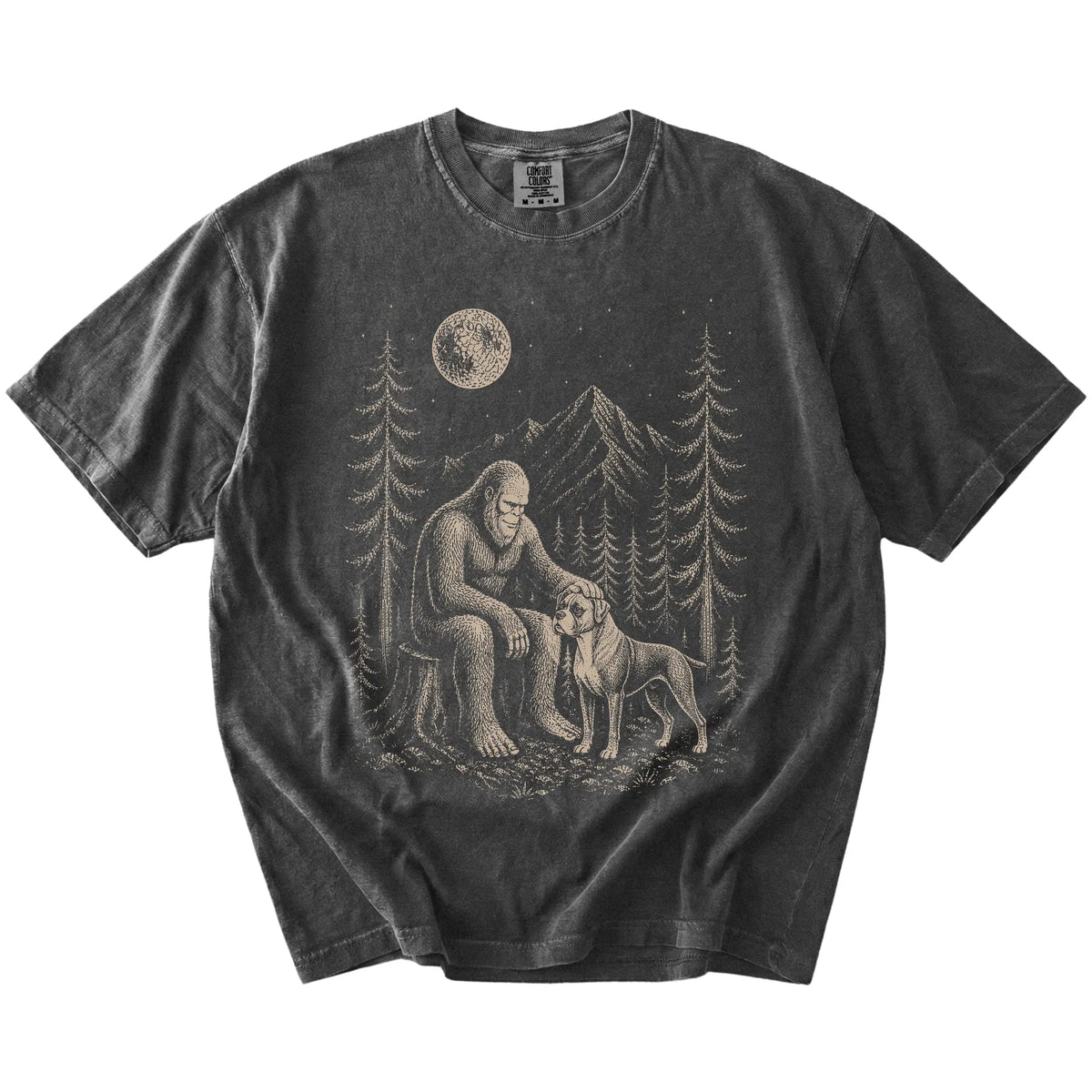 Bigfoot petting a Boxer beneath the moon in a pine forest on a Pepper Comfort Colors® T-shirt