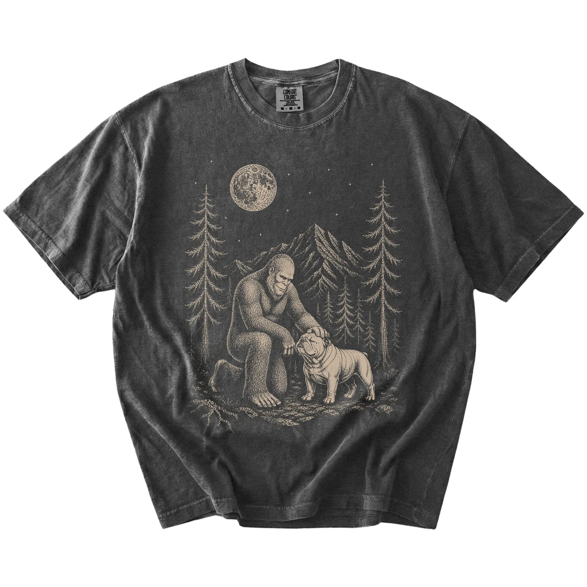 Bigfoot petting a Bulldog beneath the moon in a pine forest on a Pepper Comfort Colors® T-shirt
