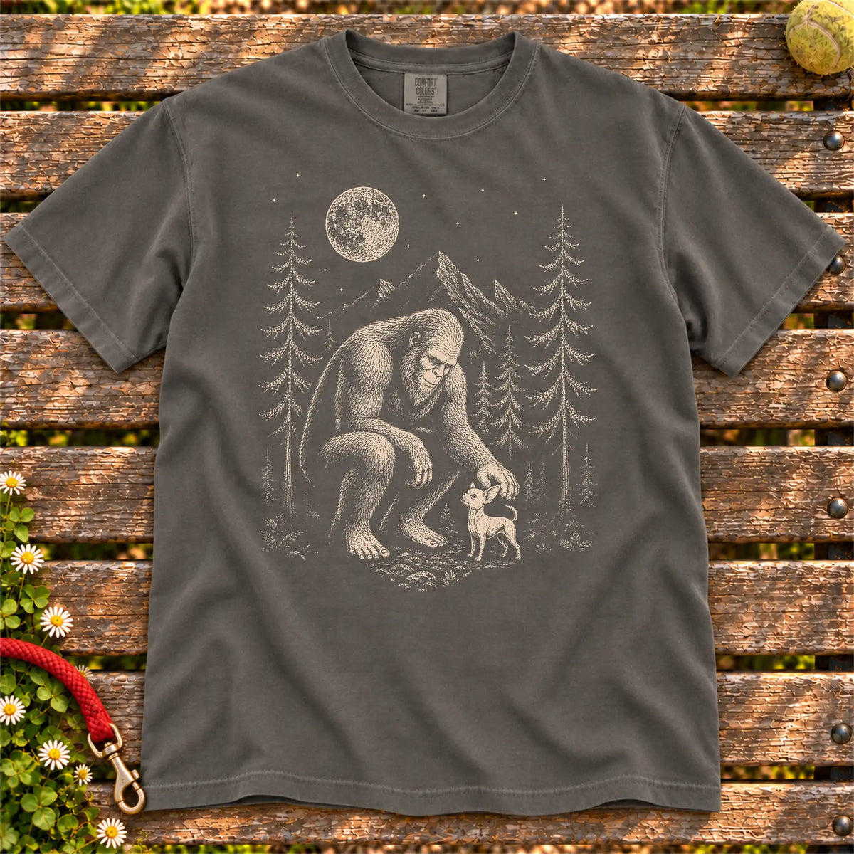 Chihuahua Bigfoot Petting on a Pepper T-shirt, shown flat