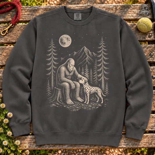 Dalmatian Bigfoot Petting on a Pepper crewneck sweatshirt, shown flat
