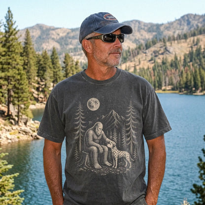 Model wearing a Pepper Comfort Colors® T-shirt with bigfoot petting a dalmatian beneath the moon in a pine forest