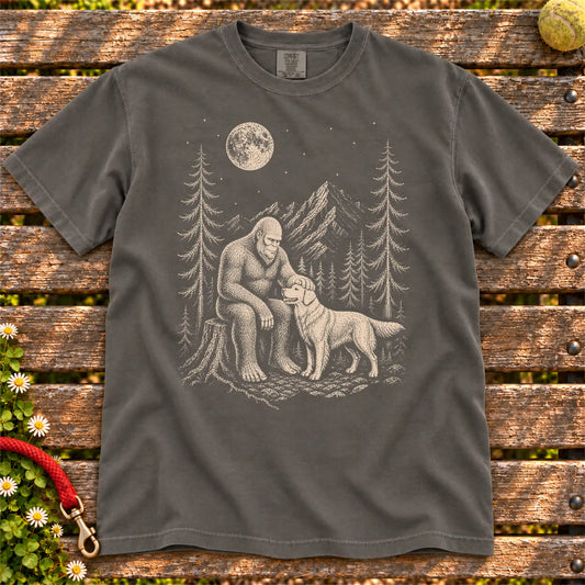 Golden Retriever Bigfoot Petting on a Pepper T-shirt, shown flat