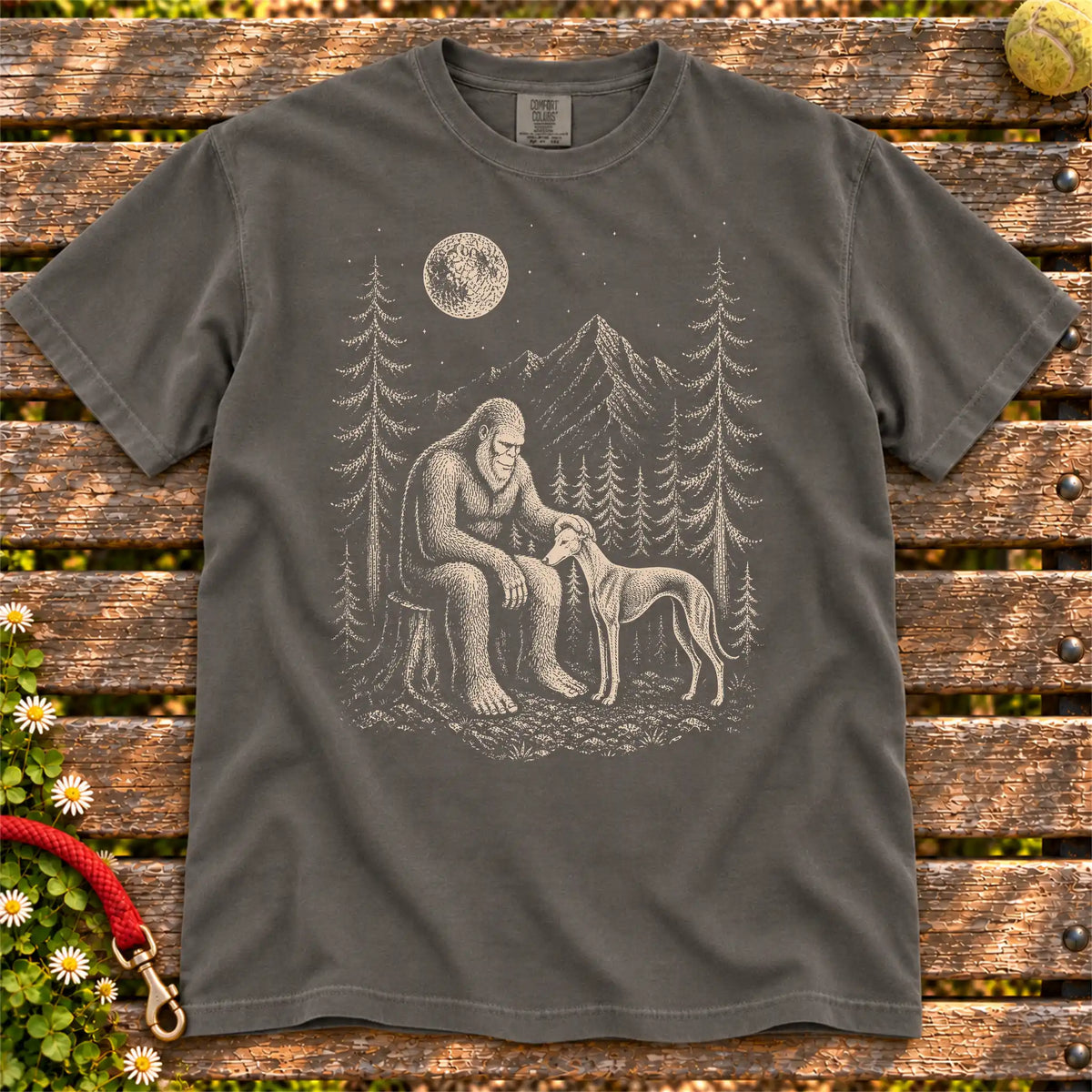 Greyhound Bigfoot Petting on a Pepper T-shirt, shown flat