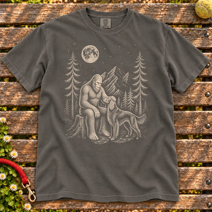 Irish Setter Bigfoot Petting on a Pepper T-shirt, shown flat