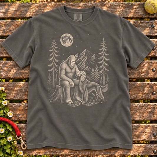 Irish Setter Bigfoot Petting on a Pepper T-shirt, shown flat