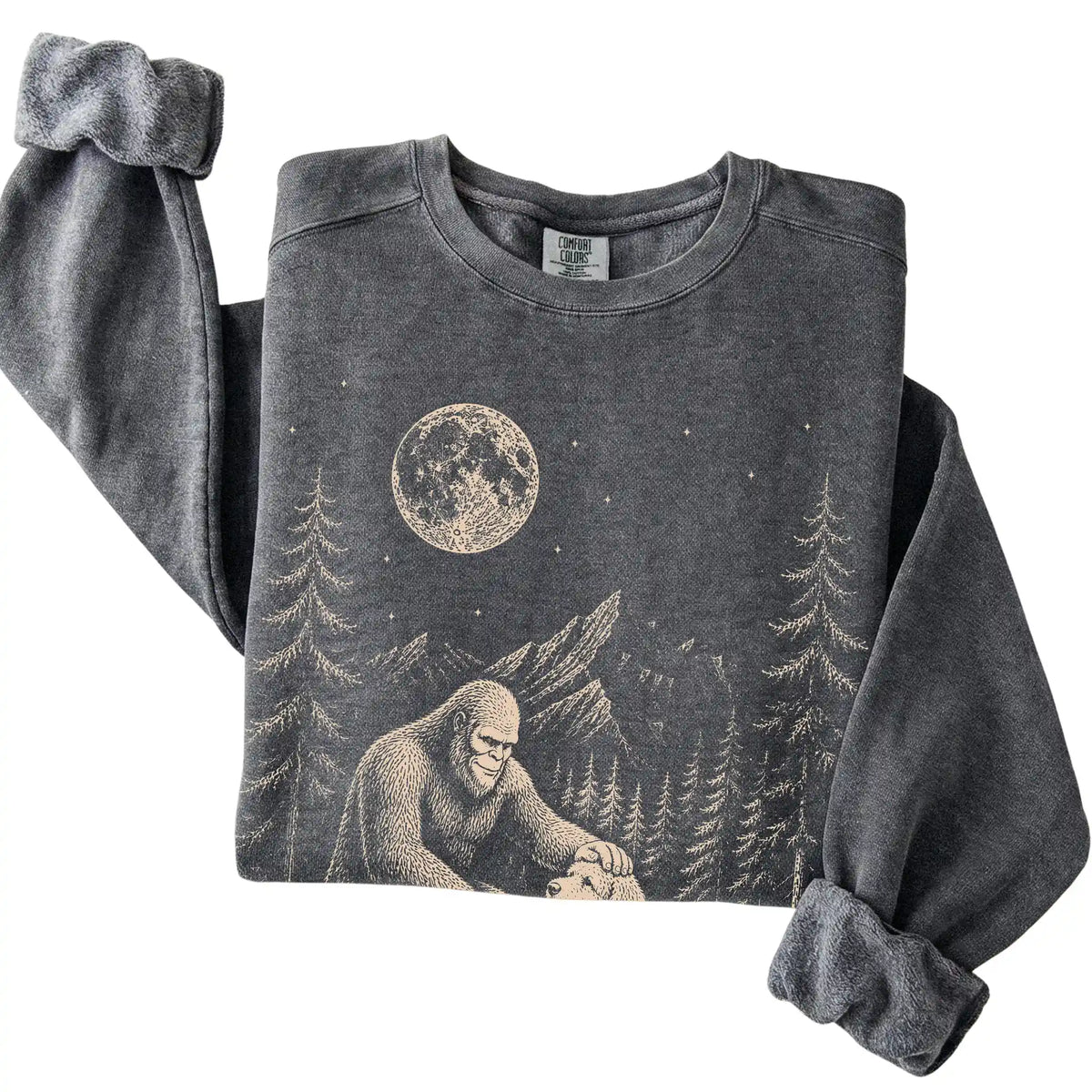 Pepper Comfort Colors sweatshirt featuring Bigfoot petting a Labradoodle