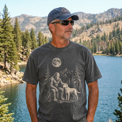Model wearing a Pepper Comfort Colors® T-shirt with bigfoot petting a labrador retriever beneath the moon in a pine forest