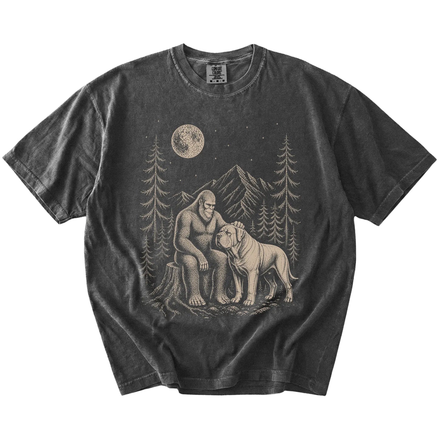 Bigfoot petting a Mastiff beneath the moon in a pine forest on a Pepper Comfort Colors® T-shirt