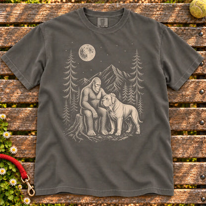 Mastiff Bigfoot Petting on a Pepper T-shirt, shown flat