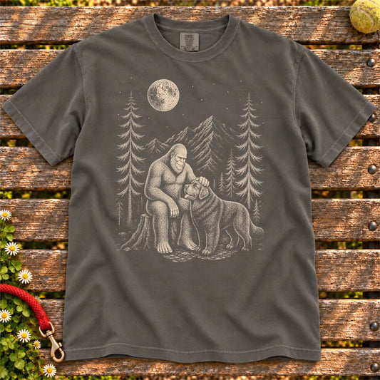 Newfie Bigfoot Petting on a Pepper T-shirt, shown flat
