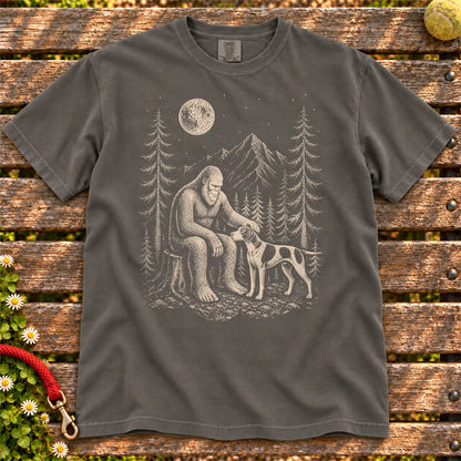 Pointer Bigfoot Petting on a Pepper T-shirt, shown flat