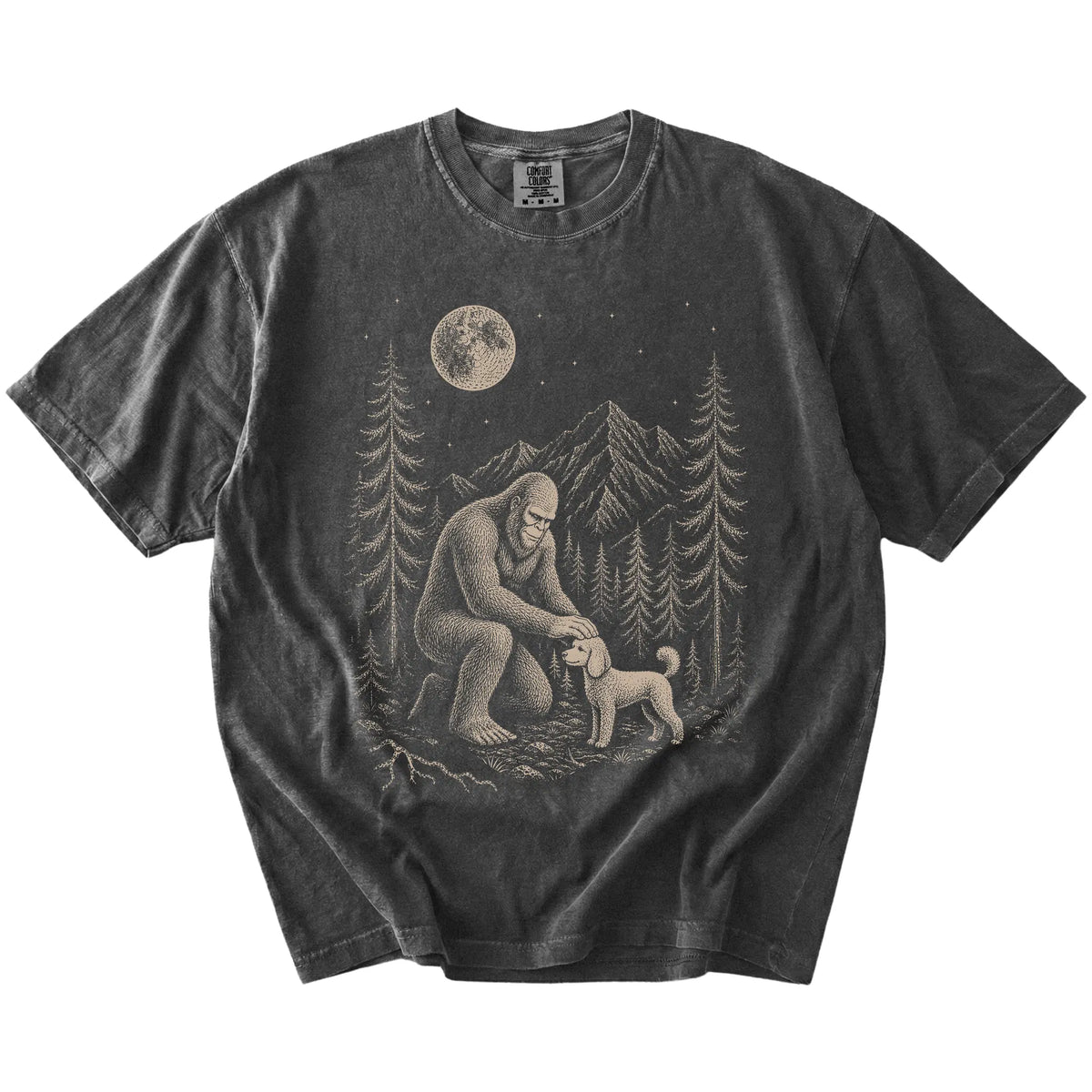 Bigfoot petting a Poodle beneath the moon in a pine forest on a Pepper Comfort Colors® T-shirt