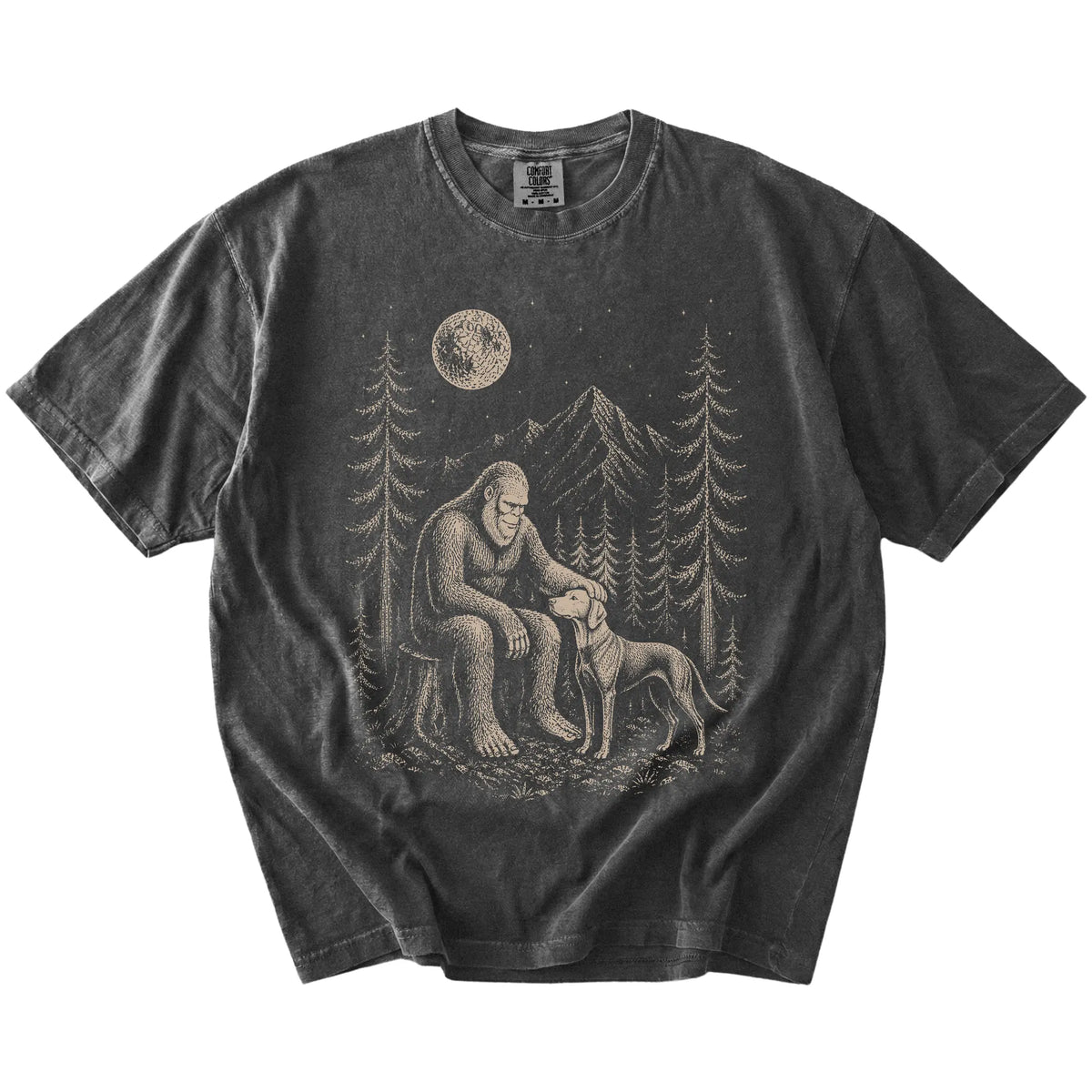 Bigfoot petting a Vizsla beneath the moon in a pine forest on a Pepper Comfort Colors® T-shirt