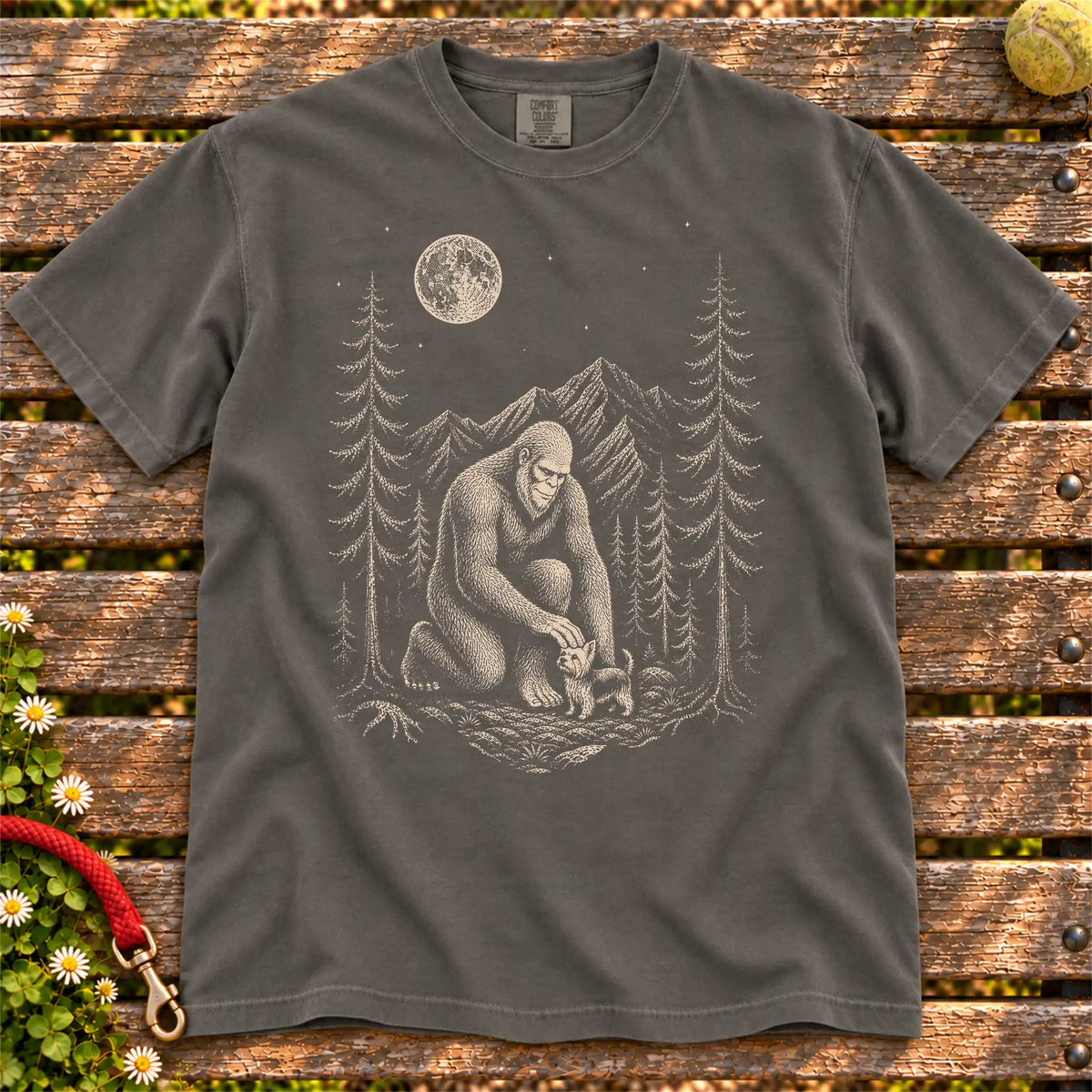 Yorkie Bigfoot Petting on a Pepper T-shirt, shown flat