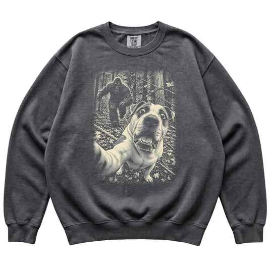Pepper American Bulldog Bigfoot selfie sweatshirt, full garment view