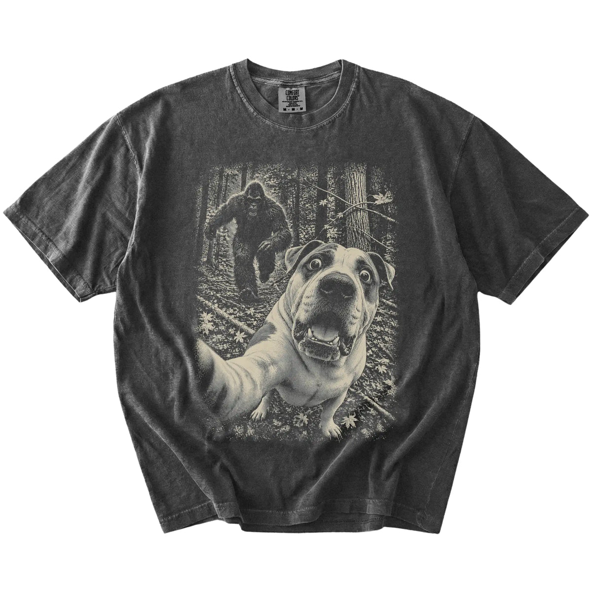 Pepper American Bulldog Bigfoot selfie T-shirt, full garment view