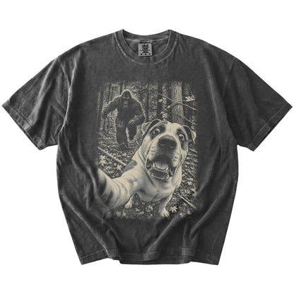 Pepper American Bulldog Bigfoot selfie T-shirt, full garment view