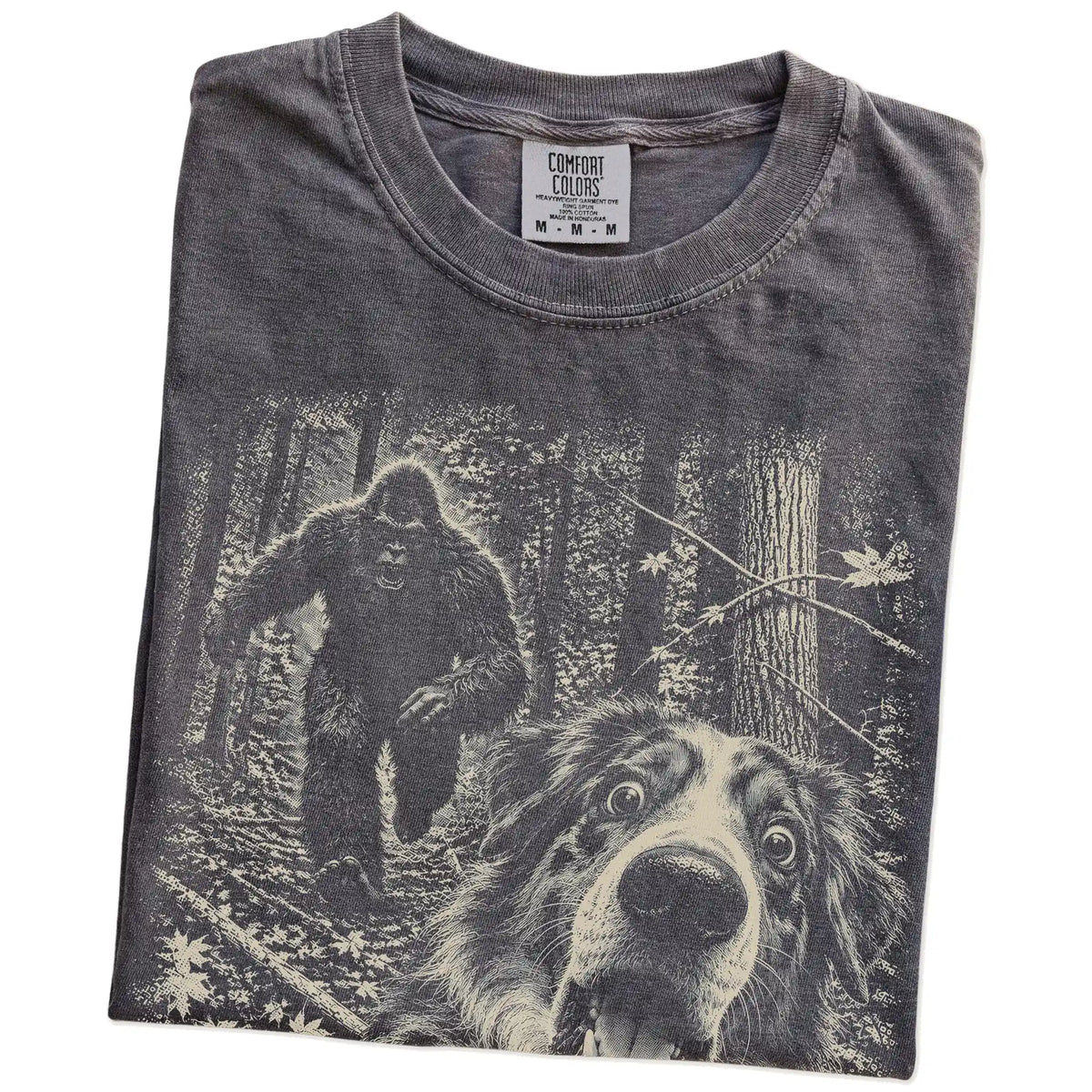 Pepper Australian Shepherd Bigfoot selfie T-shirt, close-up view