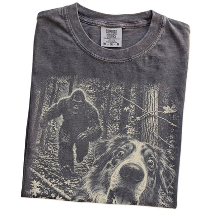 Pepper Australian Shepherd Bigfoot selfie T-shirt, close-up view