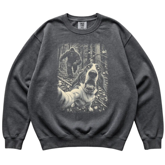 Pepper Basset Hound Bigfoot selfie sweatshirt, full garment view