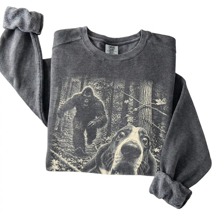 Pepper Basset Hound Bigfoot selfie sweatshirt, close-up view