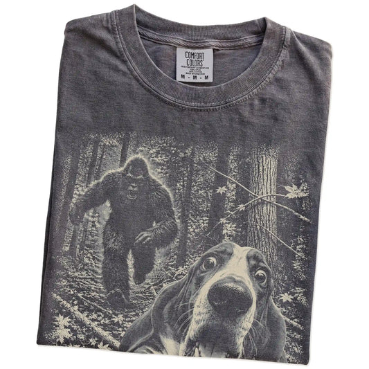 Pepper Basset Hound Bigfoot selfie T-shirt, close-up view