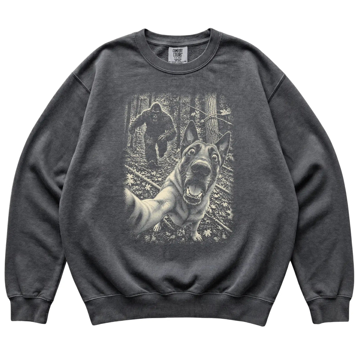 Pepper Belgian Malinois Bigfoot selfie sweatshirt, full garment view