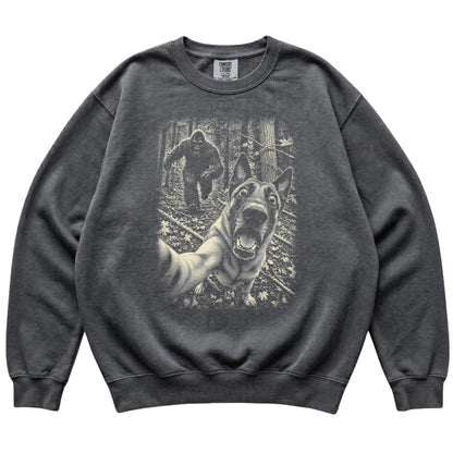 Pepper Belgian Malinois Bigfoot selfie sweatshirt, full garment view