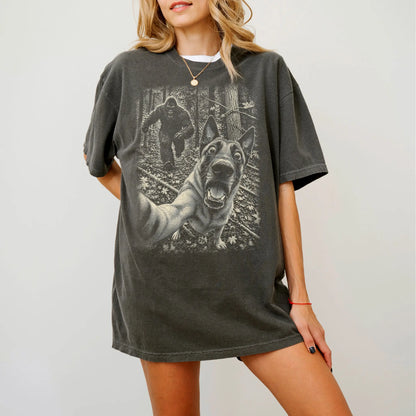 Pepper Belgian Malinois Bigfoot selfie T-shirt, worn by a model