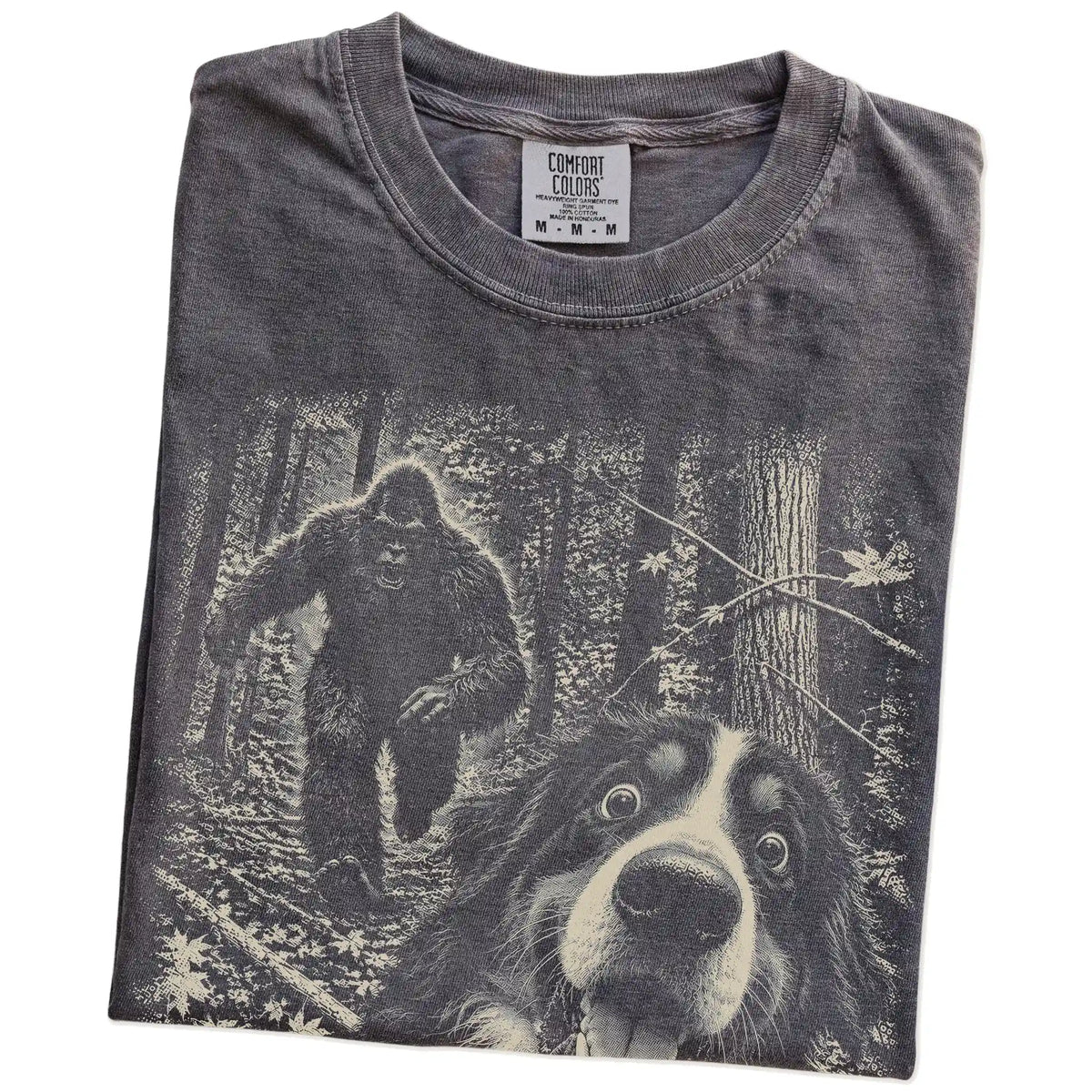 Pepper Bernese Mountain Dog Bigfoot selfie T-shirt, close-up view