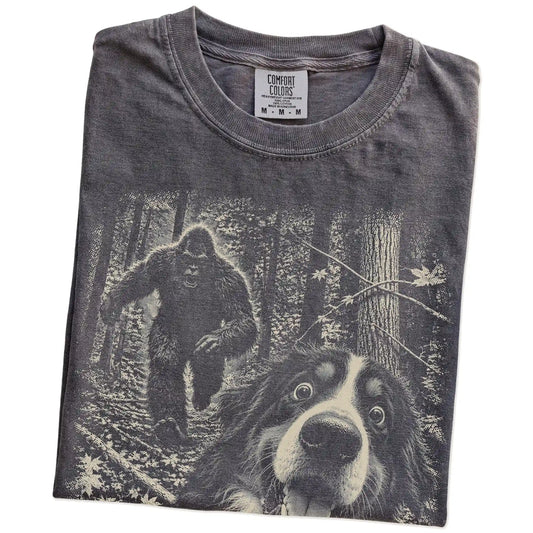 Pepper Bernese Mountain Dog Bigfoot selfie T-shirt, close-up view