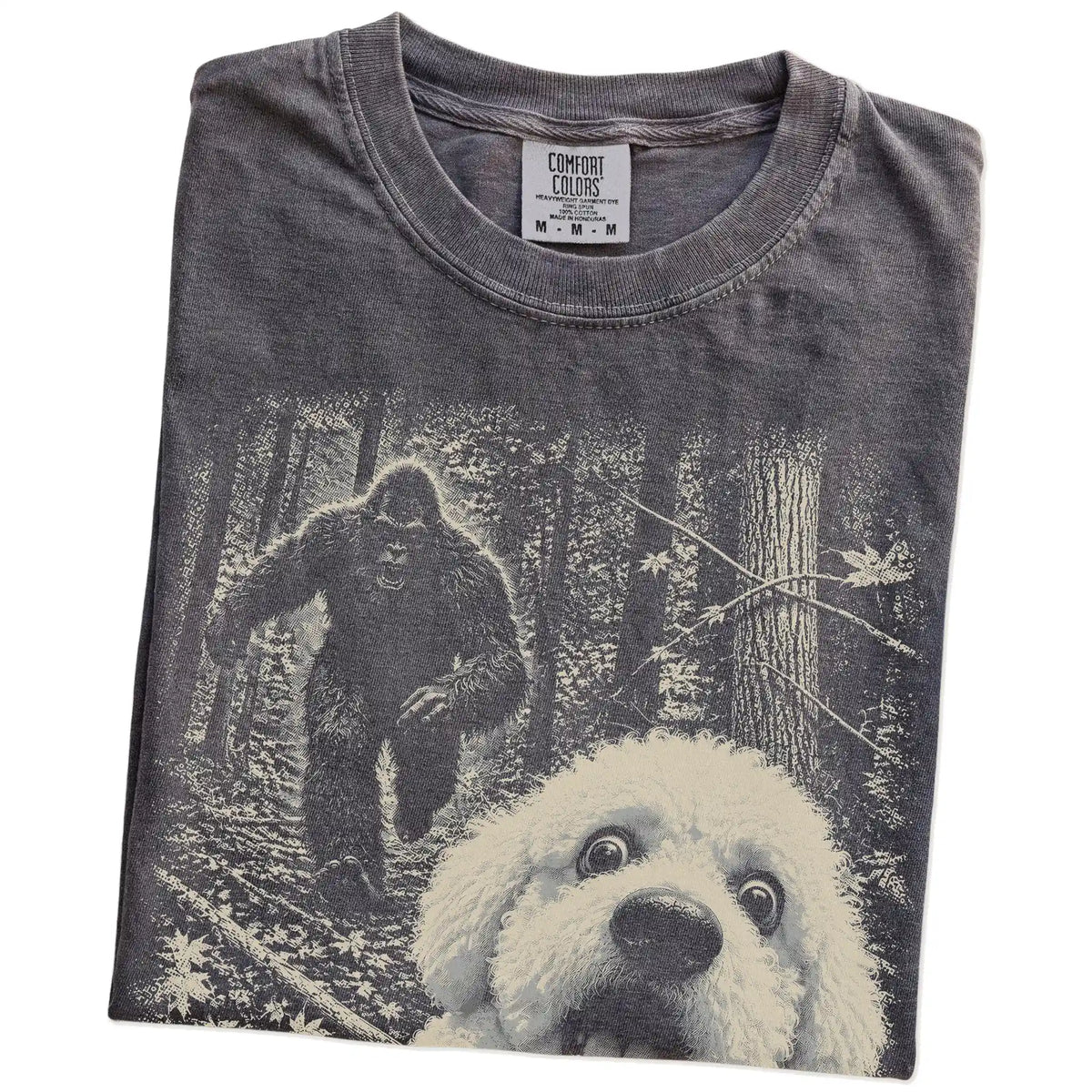 Pepper Bichon Frise Bigfoot selfie T-shirt, close-up view