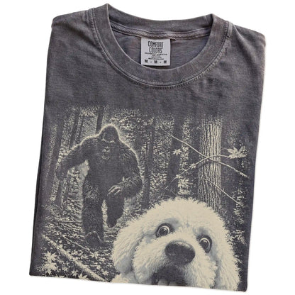 Pepper Bichon Frise Bigfoot selfie T-shirt, close-up view