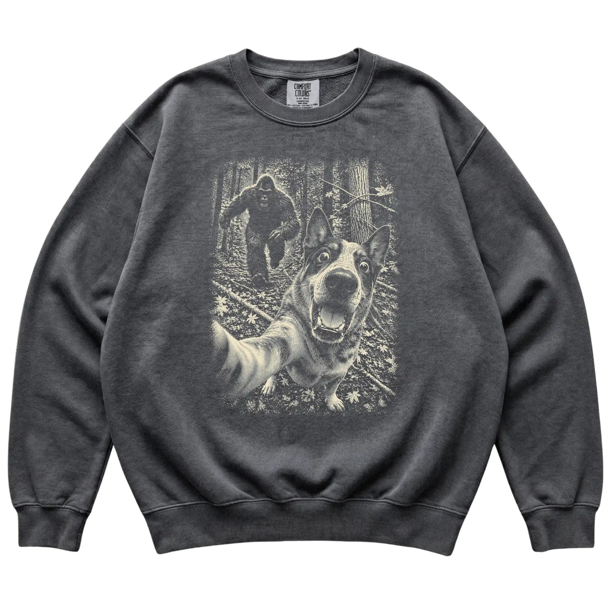 Pepper Blue Heeler Bigfoot selfie sweatshirt, full garment view