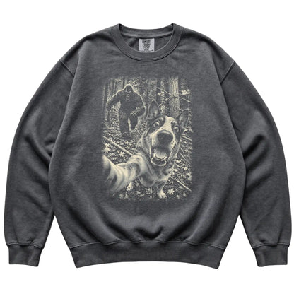 Pepper Blue Heeler Bigfoot selfie sweatshirt, full garment view