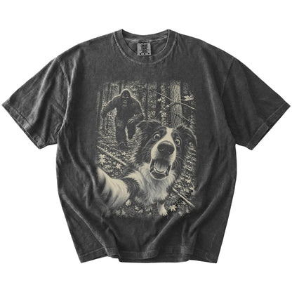Pepper Border Collie Bigfoot selfie T-shirt, full garment view