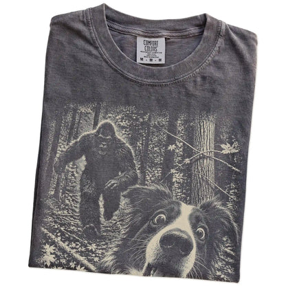 Pepper Border Collie Bigfoot selfie T-shirt, close-up view