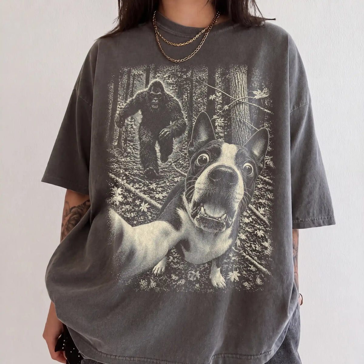 Pepper Boston Terrier Bigfoot selfie T-shirt, worn by a model