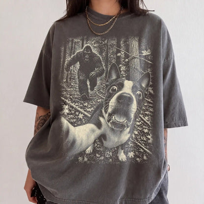 Pepper Boston Terrier Bigfoot selfie T-shirt, worn by a model