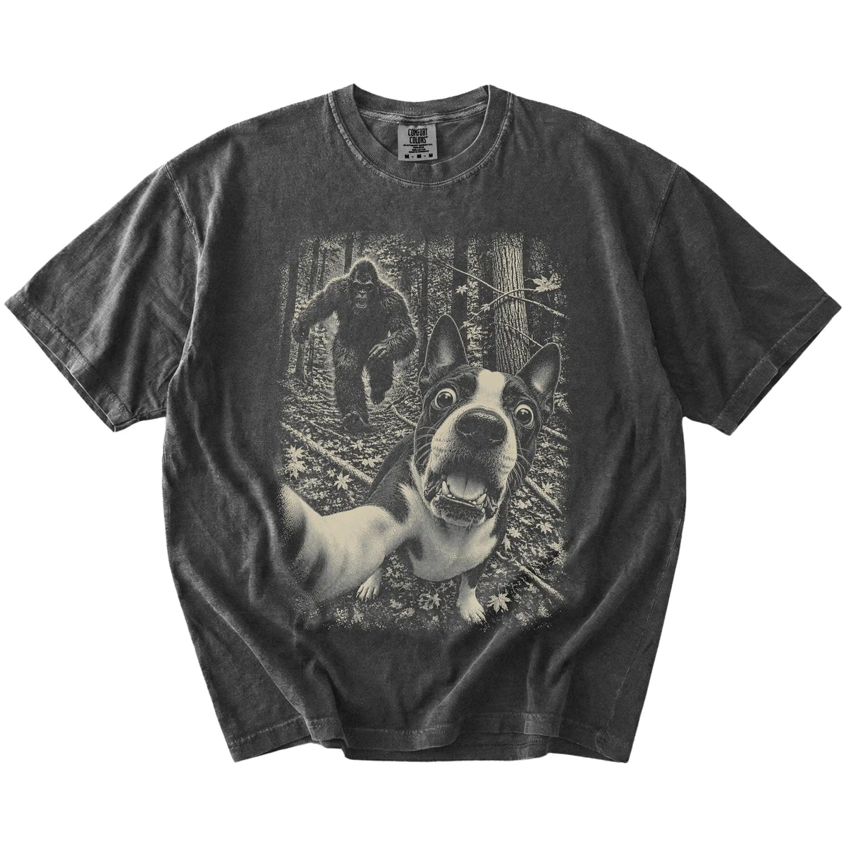 Pepper Boston Terrier Bigfoot selfie T-shirt, full garment view