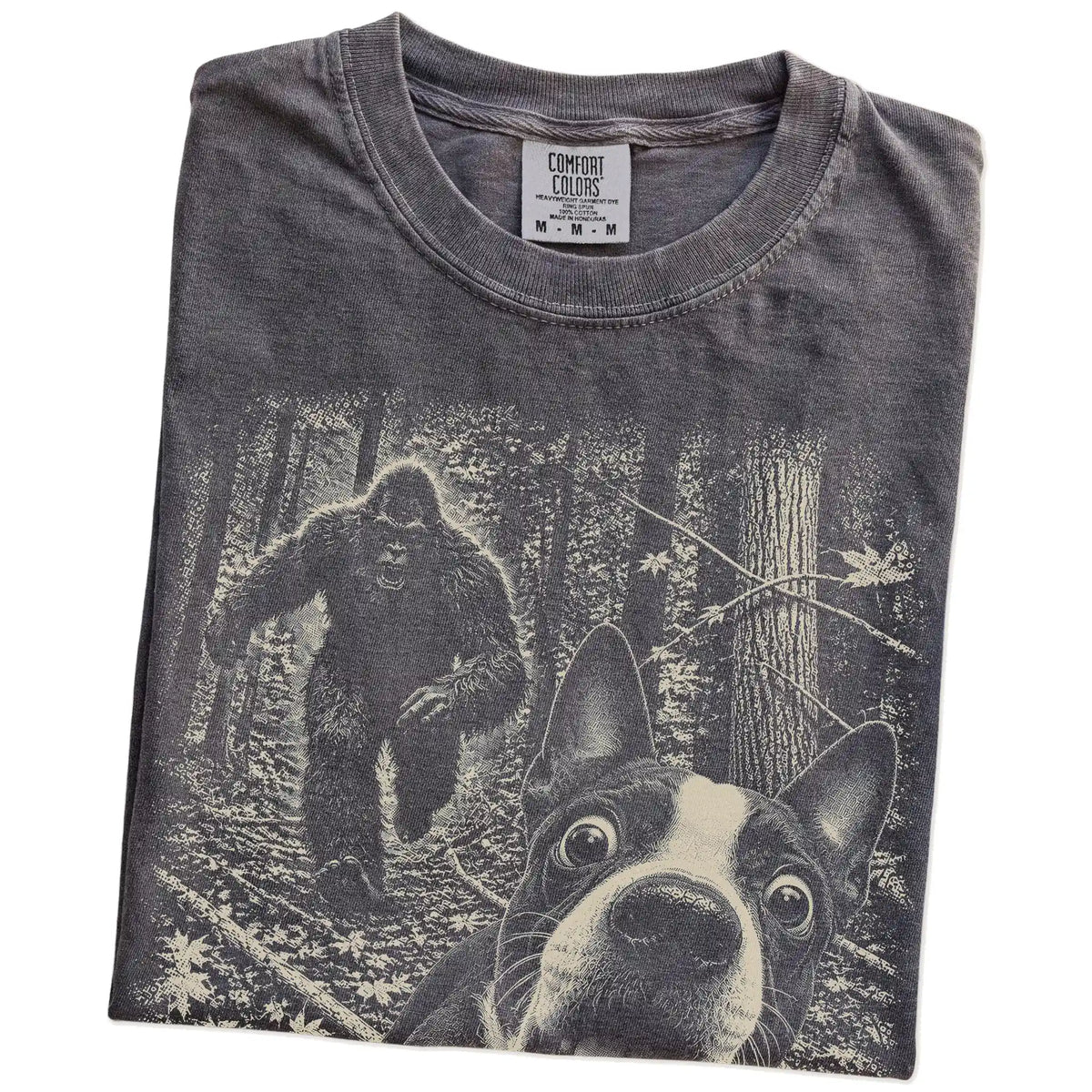 Pepper Boston Terrier Bigfoot selfie T-shirt, close-up view