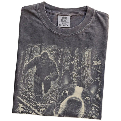 Pepper Boston Terrier Bigfoot selfie T-shirt, close-up view