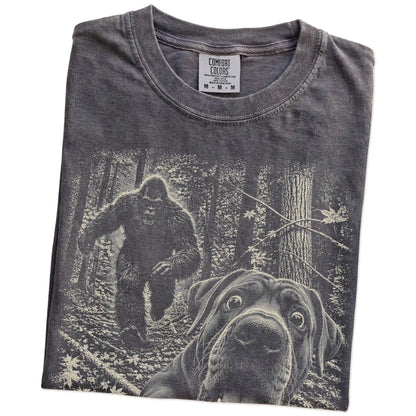 Pepper Cane Corso Bigfoot selfie T-shirt, close-up view