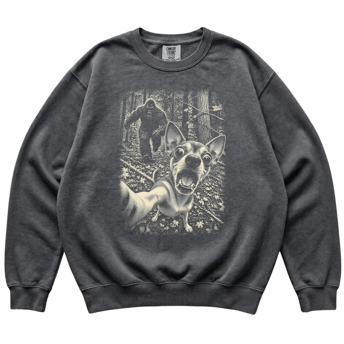Pepper Chihuahua Bigfoot selfie sweatshirt, full garment view