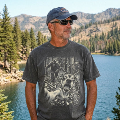 Pepper Chihuahua Bigfoot selfie T-shirt, worn by a model